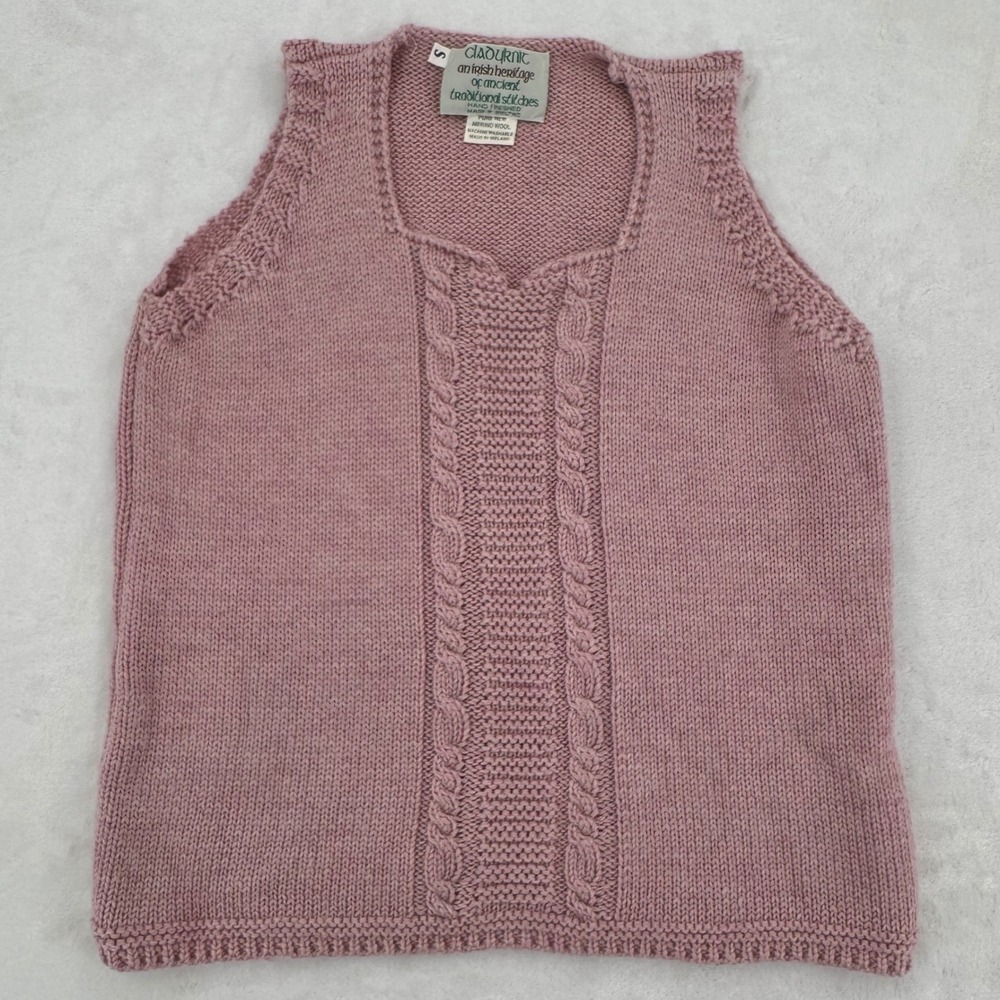 Vintage Claouknit Irish Pink Merino Wool Sweater Vest Womens Sz Small Cable Knit